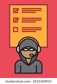 Flat vector illustration of a masked hacker icon with a checklist. Ideal for cybersecurity, crime, fraud, or data protection themes.