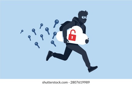 Flat vector illustration of a masked hacker running with a stolen cloud icon and unlocked padlock, surrounded by scattered password keys. Concept for data breach, cyber theft, hacking, and online security threats.