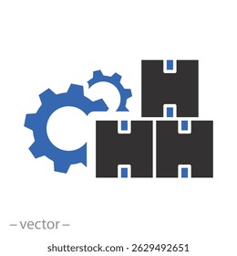 Ilustración vectorial plana, icono de producción en masa, cajas de cartón y engranajes, fábrica