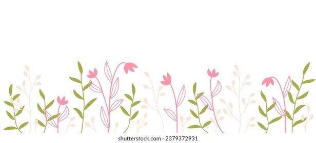Ilustración vectorial plana con flores praderas en un estilo minimalista. Pancarta de jardín de verano, plantas floridas, pétalos, hojas, patrón horizontal decorativo para la impresión, decoración, banner.	
