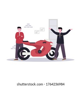 Flat vector illustration of mechanic makes custom motorbikes for his customers in the garage for landing page, ui, mobile app and website