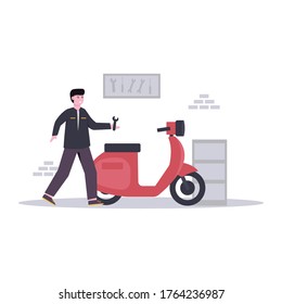 Flat vector illustration of mechanic makes custom motorbikes for his customers in the garage for landing page, ui, mobile app and website