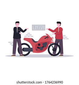 Flache Vektorgrafik des Mechanikers macht für seine Kunden maßgeschneiderte Motorräder in der Garage für Landing-Page, i, mobile App und Website