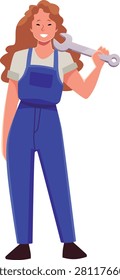 Flat vector illustration of a mechanic woman worker element. Smiling female character in uniform with wrench, spanner, tool, and fullbody pose for repair, maintenance, and construction work.