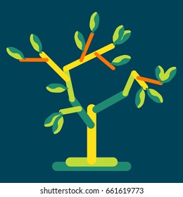 Flat vector illustration of mechanical tree with leaves, isolated on dark blue background