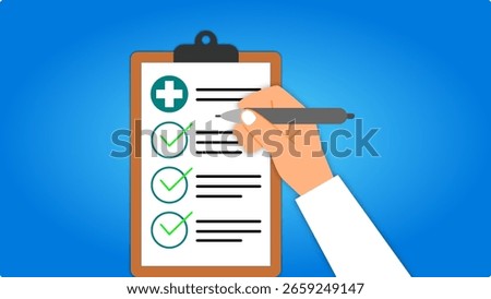 Flat vector illustration of medical checklist on clipboard with hands writing