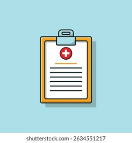 Flat vector illustration of a medical clipboard with a red cross symbol, representing healthcare documentation, patient records, and clinical reports