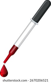 Flat vector illustration of a medical dropper releasing a blood drop on a white background.
