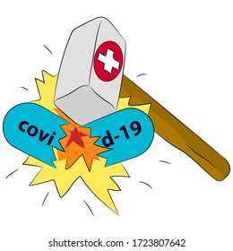 Flat vector illustration. The medical hammer hits the virus.