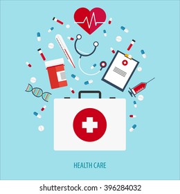 Flat vector illustration. Medical help. First aid. Online doctor. Heart care. Pharmacy, medicaments and vaccines. Healthcare.