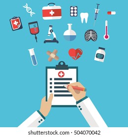 Flat vector illustration. Medical help. First aid. Online doctor. Heart care. Pharmacy medicaments and vaccines. Healthcare.