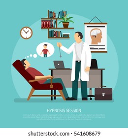 Flat Vector Illustration Of Medical Room With Patient Relaxing In Chair And Psychologist Performing Hypnosis Session 