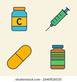 Flat Vector Illustration of Medical Supplies Including Vitamin Bottle, Syringe Injection, Large Yellow Capsule, and Brown Medicine Jar