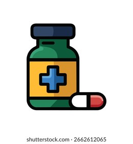 Flache Vektorgrafik des medizinischen Supportsymbols mit Arztflasche und Pillen für medizinische und pharmazeutische Konzepte.