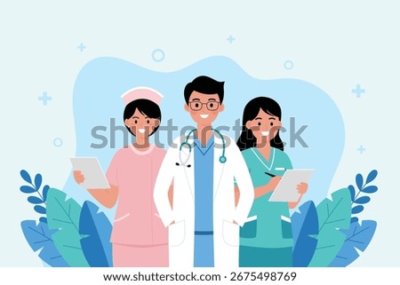 Flat Vector illustration Medical team group of professional doctors and healthcare workers in hospital setting. Ideal for medical, healthcare, and hospital-related content.