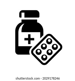 Ilustración vectorial plana de la botella de medicina y la medicina en el embalaje de la tableta. Adecuado para elementos de diseño de la atención médica y el tratamiento médico.