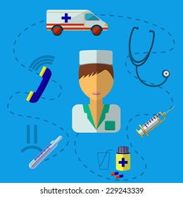 Flat Vector Illustration of Medicine Concept for Design, Website, Background Banner. Doctor, Phone, ambulance, Pills, syringe, Icon Elements Infographic Template