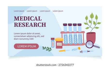 Flat vector illustration of medicine laboratory tools and supplies. Concept of medicine research, biotechnology. Medicine banner.