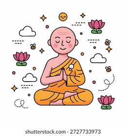 Flat vector illustration of a meditating Buddhist monk