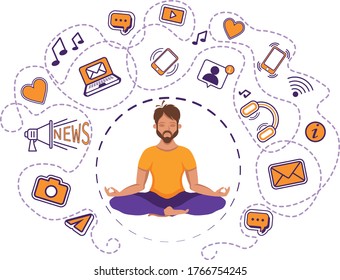 Ilustración vectorial plana. El hombre mediador sentado en el loto posó y se sintió a salvo del flujo de información. Práctica moderna de alivio del estrés. Problema de adicción digital y solución.
