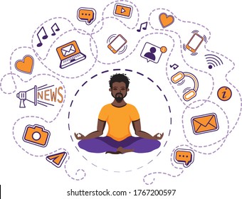 Flat vector illustration. Meditating man sitting in lotus pose and feeling safe from information stream. Trendy stress relieving practice. Digital addiction problem and solution.