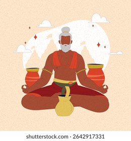 Flat vector illustration of meditating sage in traditional attire with kalash pots. Spiritual and cultural design perfect for yoga, mindfulness, Vedic art, and Indian heritage themes.