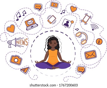 Flat vector illustration. Meditating woman sitting in lotus pose and feeling safe from information stream. Trendy stress relieving practice. Digital addiction problem and solution.