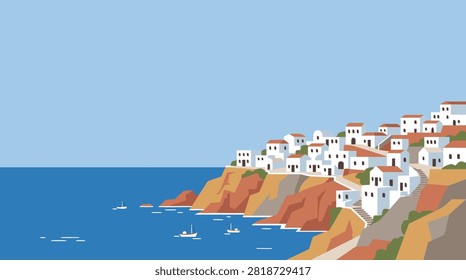 A flat vector illustration of a Mediterranean coastal village with white houses perched on a cliff overlooking the blue sea with small boats.
