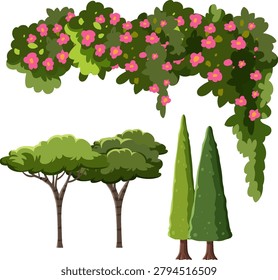 Flat vector illustration of Mediterranean plants including cypress trees, stone pines, and pink bougainvillea vines.