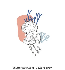 Flat vector illustration - Medusa with the corals isolated on white background