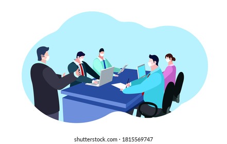 flat vector illustration of meeting of several company employees discussing the market in pandemic