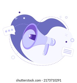 Ilustración vectorial plana de megáfono o altavoz con iconos sobre fondo abstracto. Concepto publicitario, únete a nosotros, vacante, notificación y anuncio. Se puede usar para banner web o volante