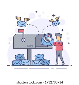 Flat Vector illustration men send love letters with mailboxes