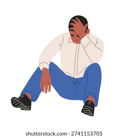 Flat vector illustration of men sitting alone in stressed and depressed poses. Characters show sadness, anxiety, emotional distress, burnout, and mental health struggles. Modern minimal style with soft colors and clean shapes. Concept represents depression, stress, loneliness, psychological problems, emotional pain, and mental health awareness. Ideal for healthcare campaigns, therapy content, educational materials, blogs, and social media about wellbeing and support.