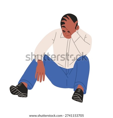 Flat vector illustration of men sitting alone in stressed and depressed poses. Characters show sadness, anxiety, emotional distress, burnout, and mental health struggles. Modern minimal style with soft colors and clean shapes. Concept represents depression, stress, loneliness, psychological problems, emotional pain, and mental health awareness. Ideal for healthcare campaigns, therapy content, educational materials, blogs, and social media about wellbeing and support.