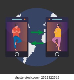 Flat vector illustration of a men and woman wearing virtual reality glasses, engaging in a digital environment with global connectivity. Concept of futuristic technology and digital interaction..