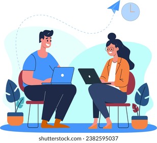 ilustración vectorial plana de hombres y mujeres que trabajan con laptop