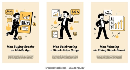 Ilustração de vetor plano de homens e mulheres negociando ações, analisando gráficos, e comemorando ganhos de mercado.