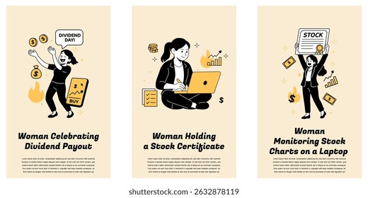 Ilustración vectorial plana de hombres y mujeres que negocian acciones, analizan gráficos y celebran las ganancias del mercado.