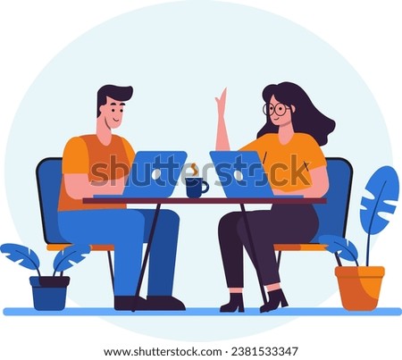 flat vector illustration men and women working with laptop