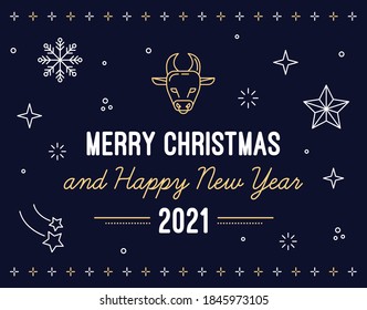 Ilustración vectorial plana de una feliz navidad y feliz bienvenida de año nuevo. Postcard con un buey rodeado de decoraciones de invierno