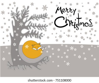 A flat vector illustration with a Merry Christmas lettering  in a minimalistic style. Cute orange red fox sleeping under a lonely tree on a hill during a snow blizzard