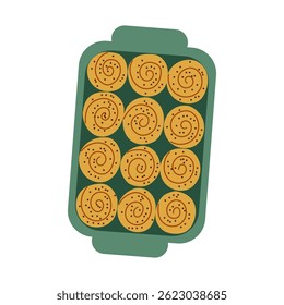 Flat vector illustration of a metal baking tray filled with freshly baked golden buns, isolated on a clean white background.