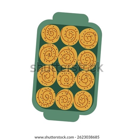 Flat vector illustration of a metal baking tray filled with freshly baked golden buns, isolated on a clean white background.