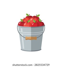 Flat Vector Illustration of a Metal Bucket Filled with Fresh Red Apples Isolated on White Background