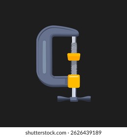 Ilustração de vetor plano de uma ferramenta de grampo C de metal com parafuso rosqueado e alça laranja no fundo escuro, clipart de equipamento industrial para uso de construção