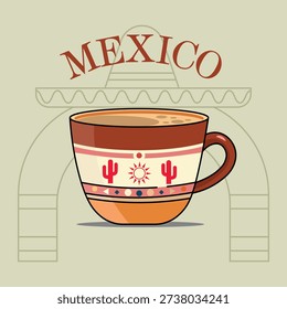 Flat vector illustration of a Mexican coffee cup with traditional decorative patterns and sombrero background. Colorful cartoon style inspired by Mexican cafe culture, perfect for food branding, travel posters, menu design, and cultural content.
