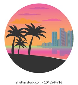 Ilustración vectorial plana de Miami. Icono con Miami en el círculo. Ciudad turística con palmeras al atardecer para el diseño.