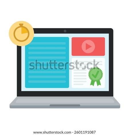 Flat vector illustration of micro-learning and online education. Laptop with video and written content. E-learning, digital education, and online training concept.