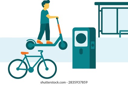Flat vector illustration of micromobility and sustainable urban transport featuring a person riding an electric scooter, charging station, bicycle, and bus stop shelter. Concept of eco-friendly city mobility, electric transport, shared mobility, and urban transit infrastructure.